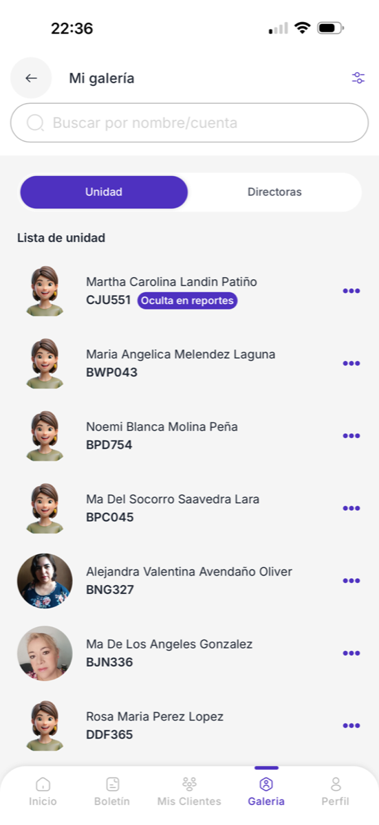 Galería de Unidad en la app